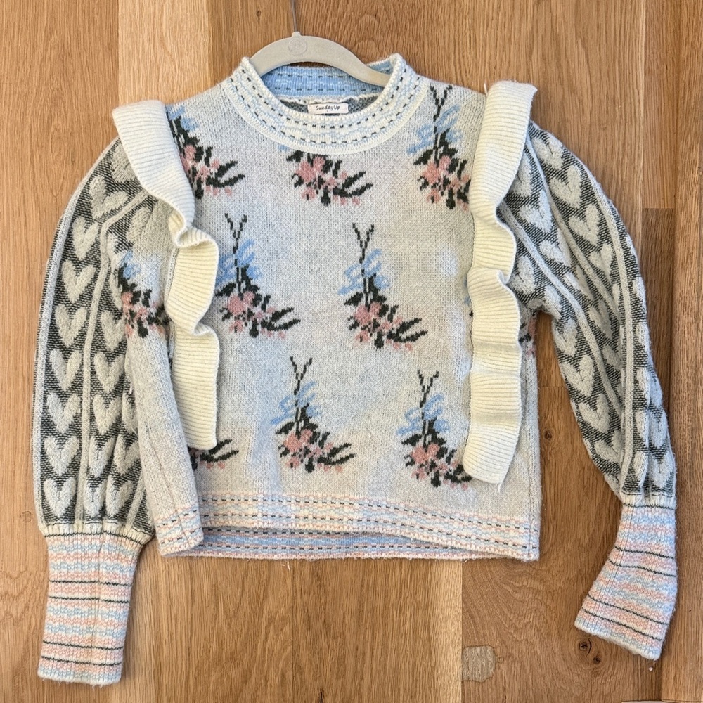 Elegant Floral Knit Sweater with Ruffle Accents
